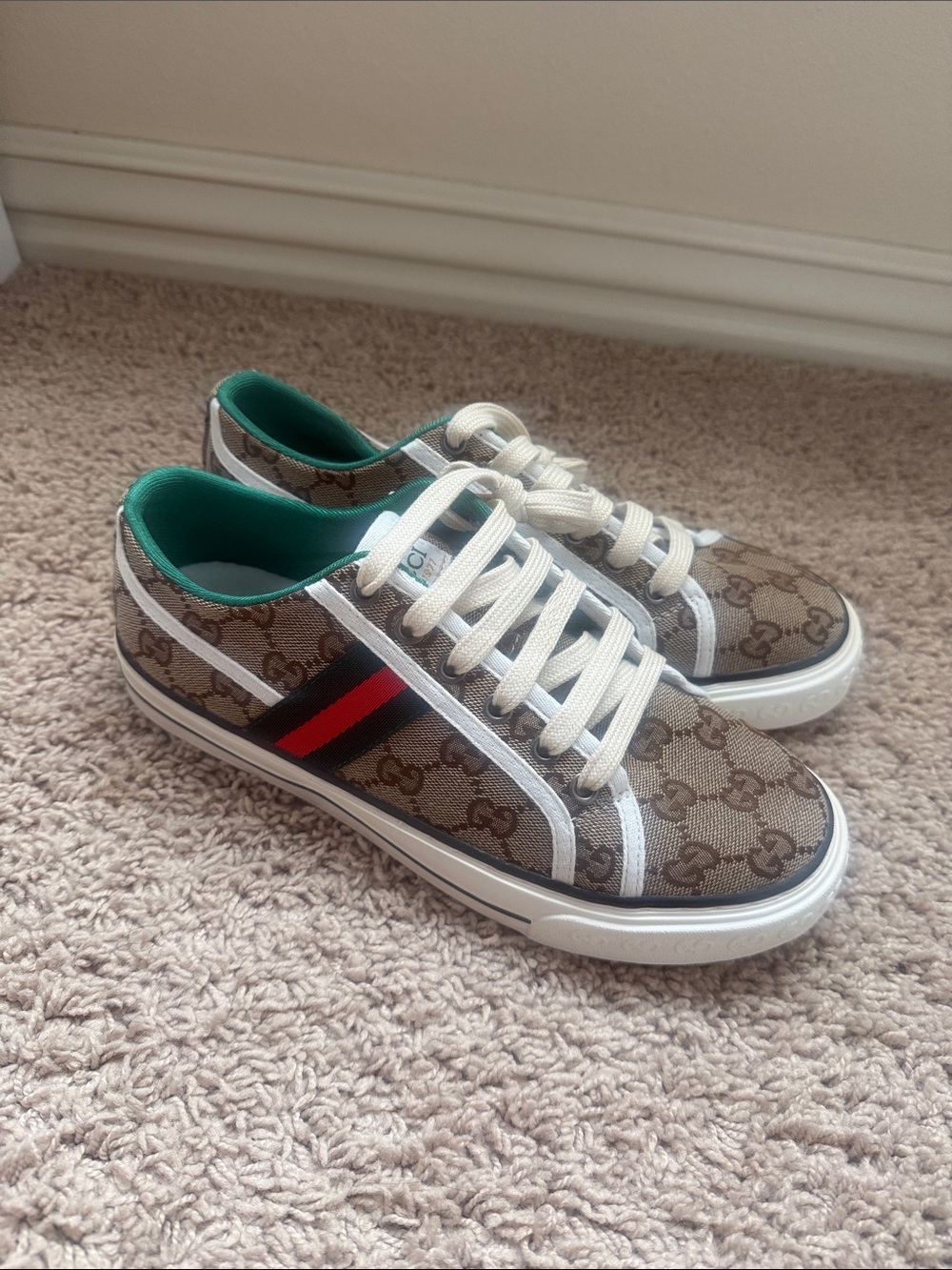 Gucci Brown GG Canvas Kids Sneakers with Red and Black Stripe size 10
